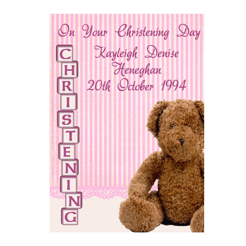Pink, Bear design Christening Card, Personalised Gift