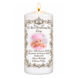 Christening Candle With Gold/Silver Border - Personalised Gift