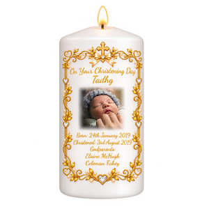 Christening Candle With Gold/Silver Border - Personalised Gift