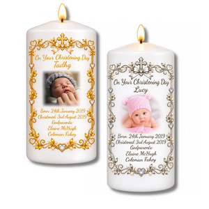 Christening Candle With Gold/Silver Border - Personalised Gift