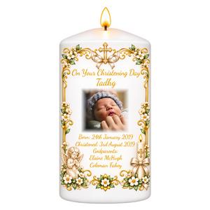 Christening Candle With Cherub Border - Personalised Gift - Personalised Gift