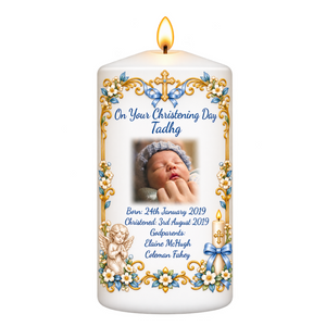 Christening Candle With Cherub Border - Personalised Gift - Personalised Gift