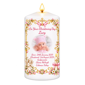 Christening Candle With Cherub Border - Personalised Gift - Personalised Gift