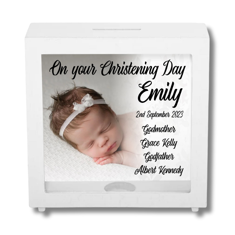 Christening Wooden Shadow Money Box, Personalised Gift