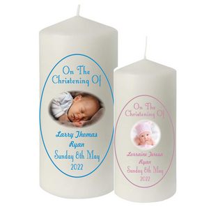 Christening Candles - Oval Border & Photo - Personalised Gift