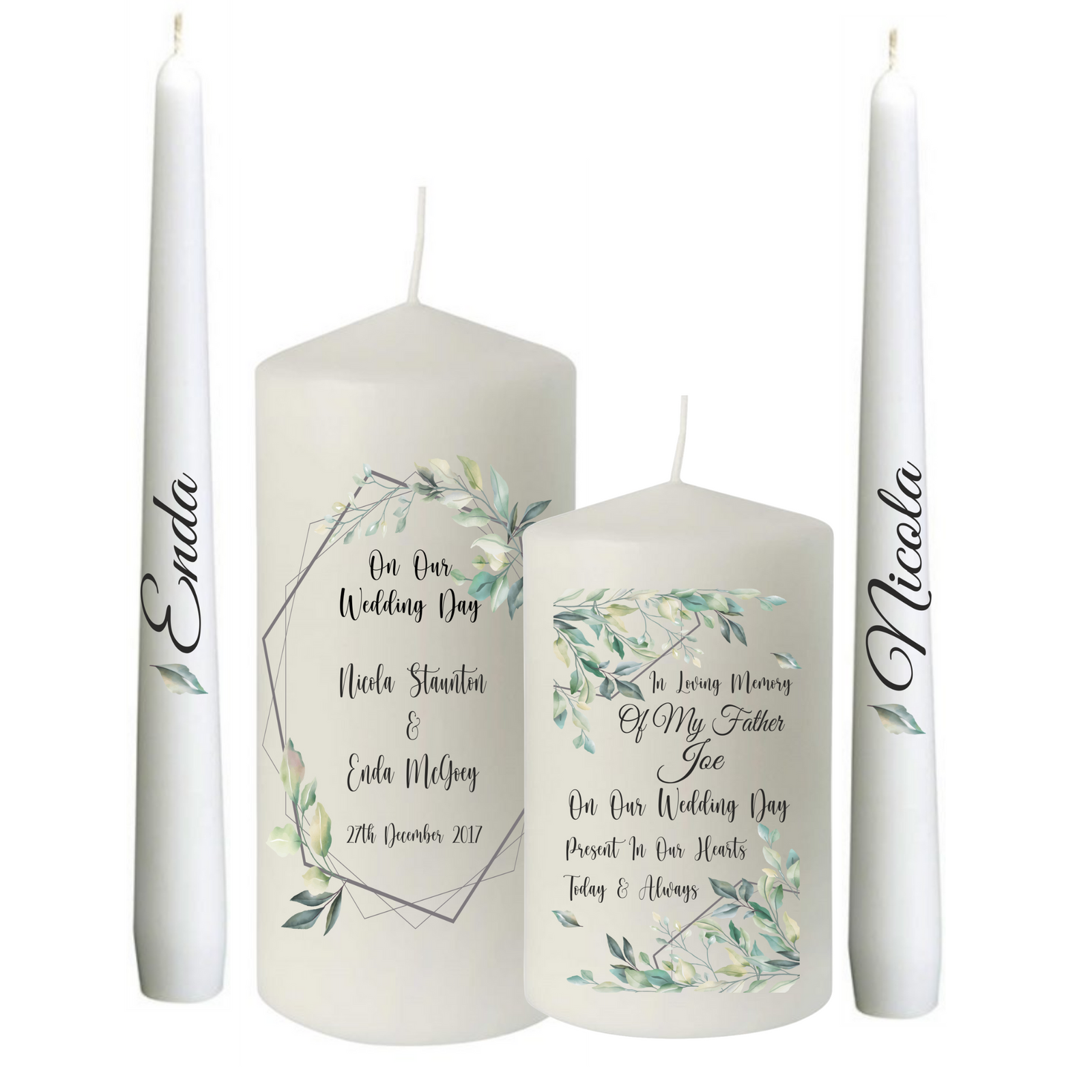 Eucalyptus Design Wedding Candles - Personalised Gift