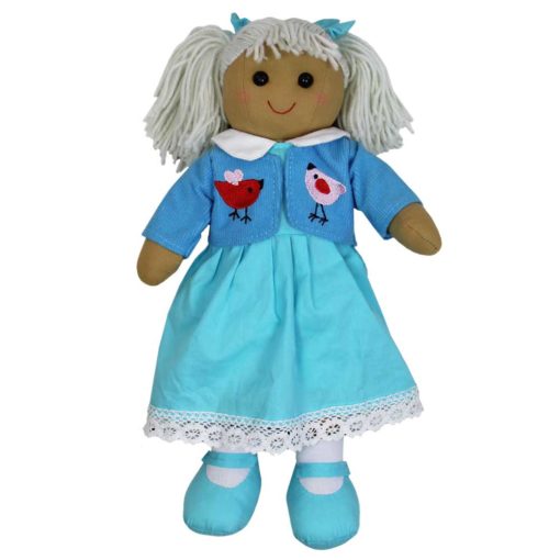 Blue Embroidered Bird Jacket Rag Doll, Personalised Gift