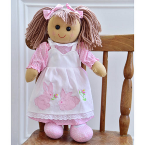 Pink & White Rag Doll With Rabbit Embroidery, Personalised Gift