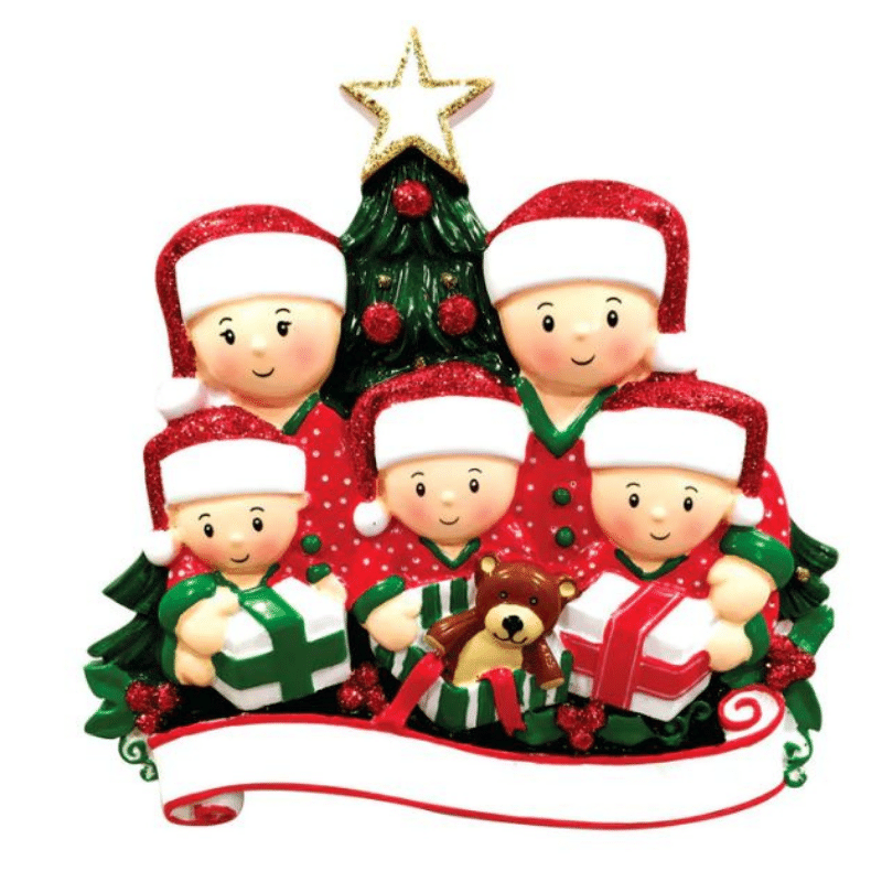 Opening Presents Family of 5 Christmas Decoration, Personalised Gift