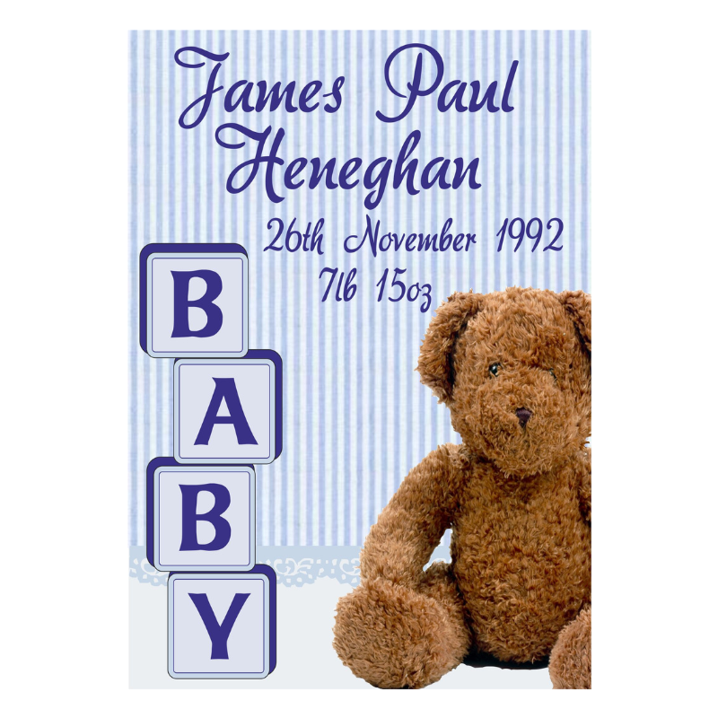 New Baby Boy, Bear Design Card, Personalised Gift