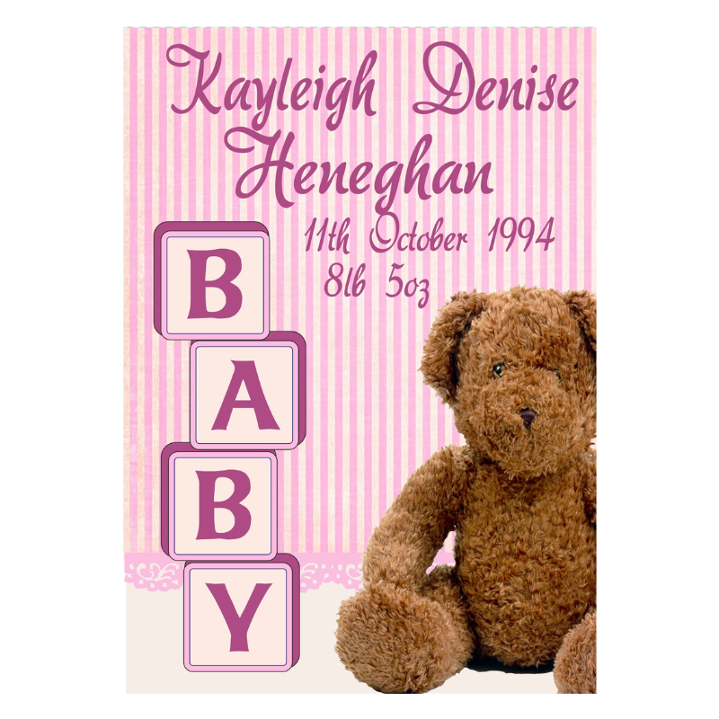 New Baby Girl, Bear Design Card, Personalised Gift